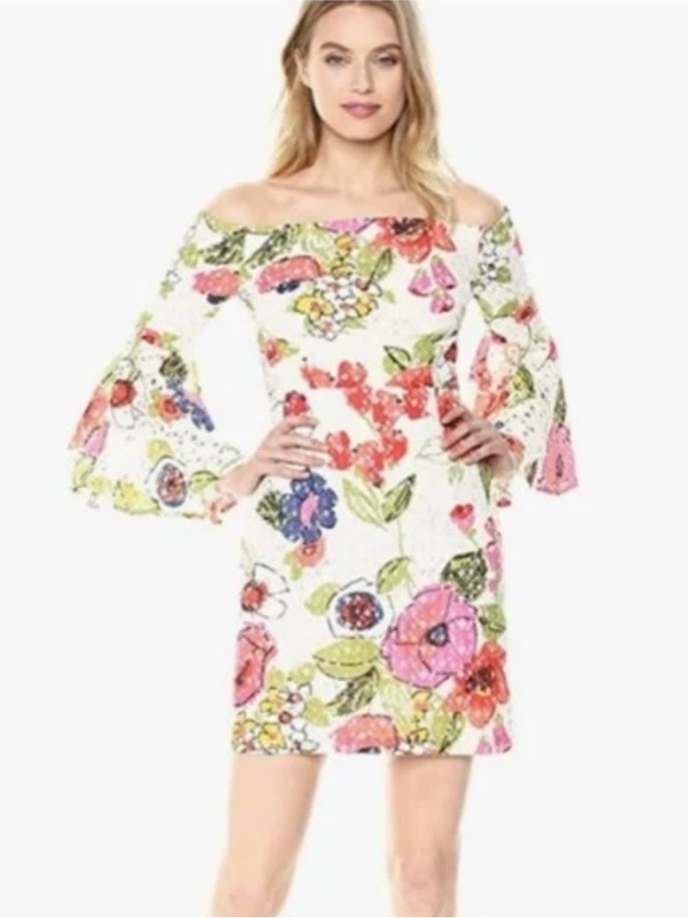 Trina Turk Women Off-Shoulder Floral Bell-Sleeve Dress - Pink & White